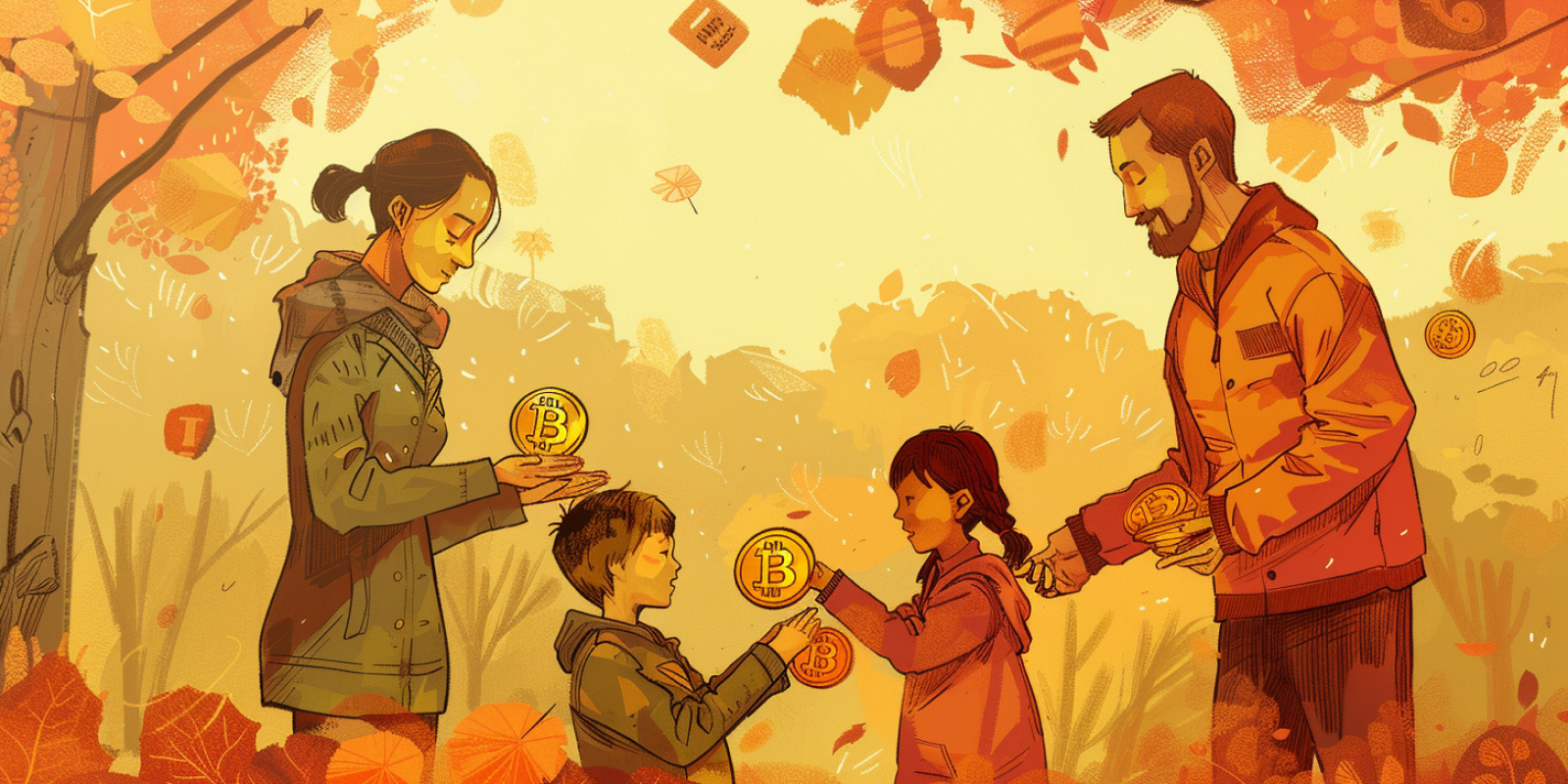 An image showing two parents handing bitcoin to their two children.