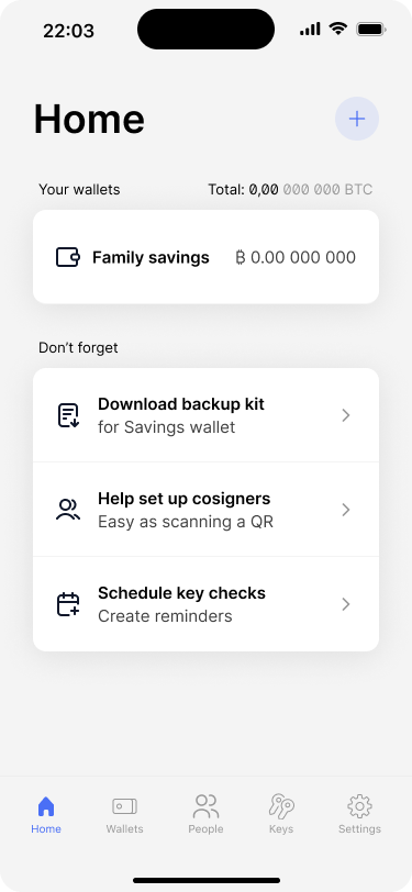 Image of the app home screen showing a reminder to backup the wallet.