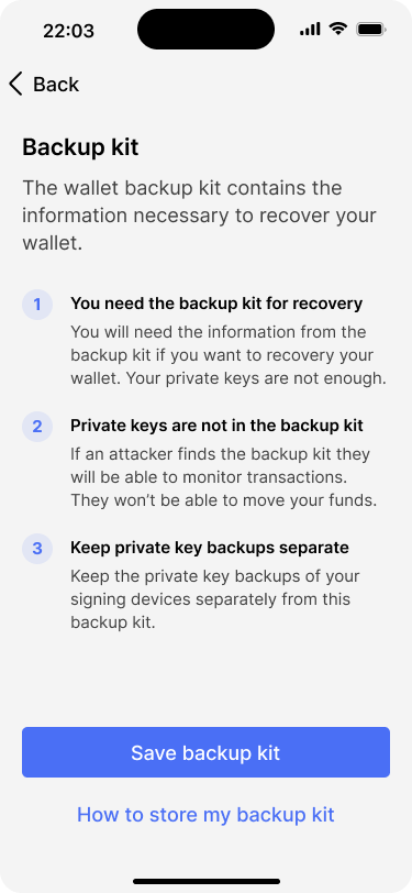 Screen showing instructions on how to store the wallet backup.