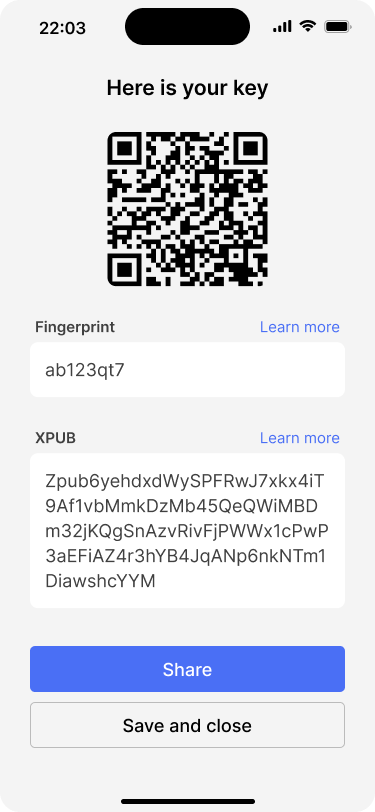 Screen showing the details of Alice's public key, including a QR code.