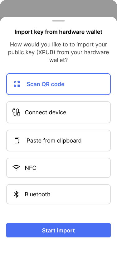 Screen showing different options to import the extended public key from a hardware wallet.