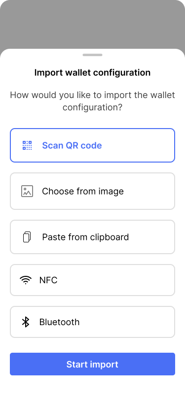 Screen showing different options to import the wallet configuration.