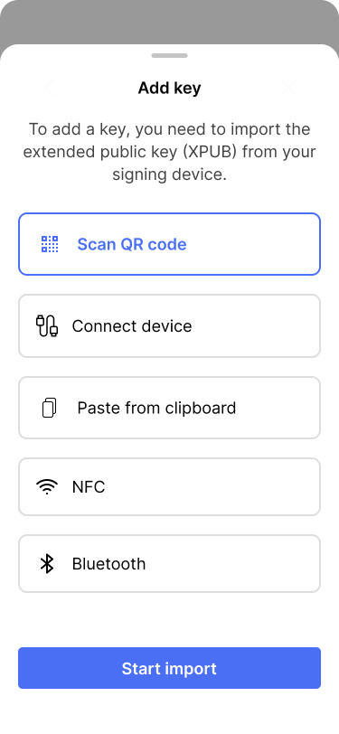 Screen showing import options for adding the extended public key.