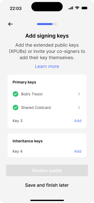 Screen showing that two of the six required keys have been imported.